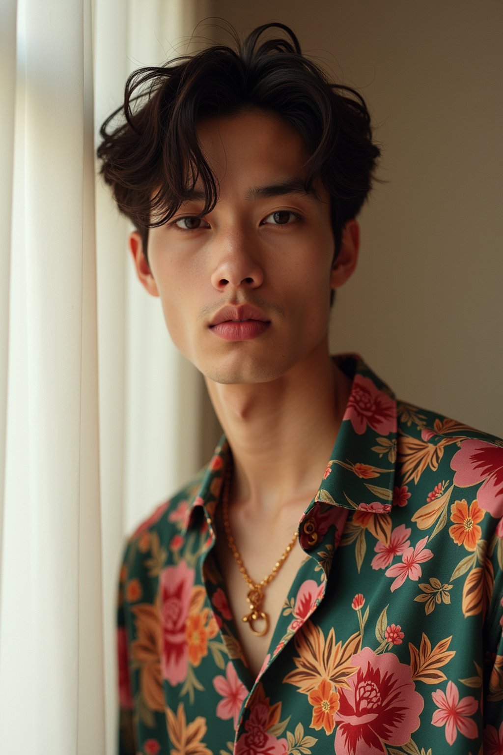 man wearing  floral silk shirt in try on fashion shoot for Zara Shein H&M