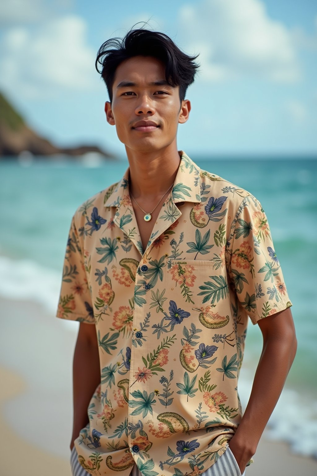 man wearing  hawaii shirt in try on fashion shoot for Zara Shein H&M