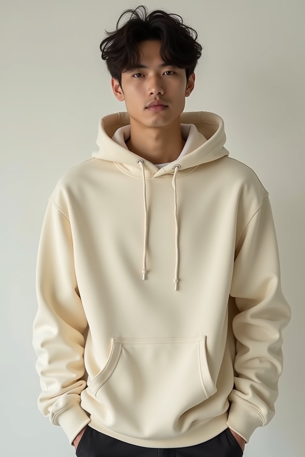 man wearing  cream hoodie in try on fashion shoot for Zara Shein H&M