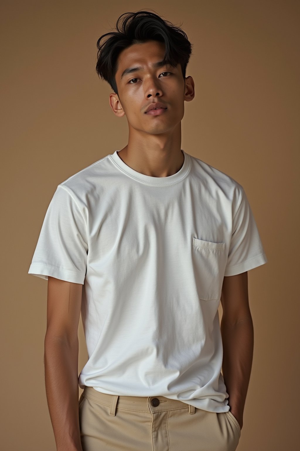 man wearing  t-shirt and pants in try on fashion shoot for Zara Shein H&M