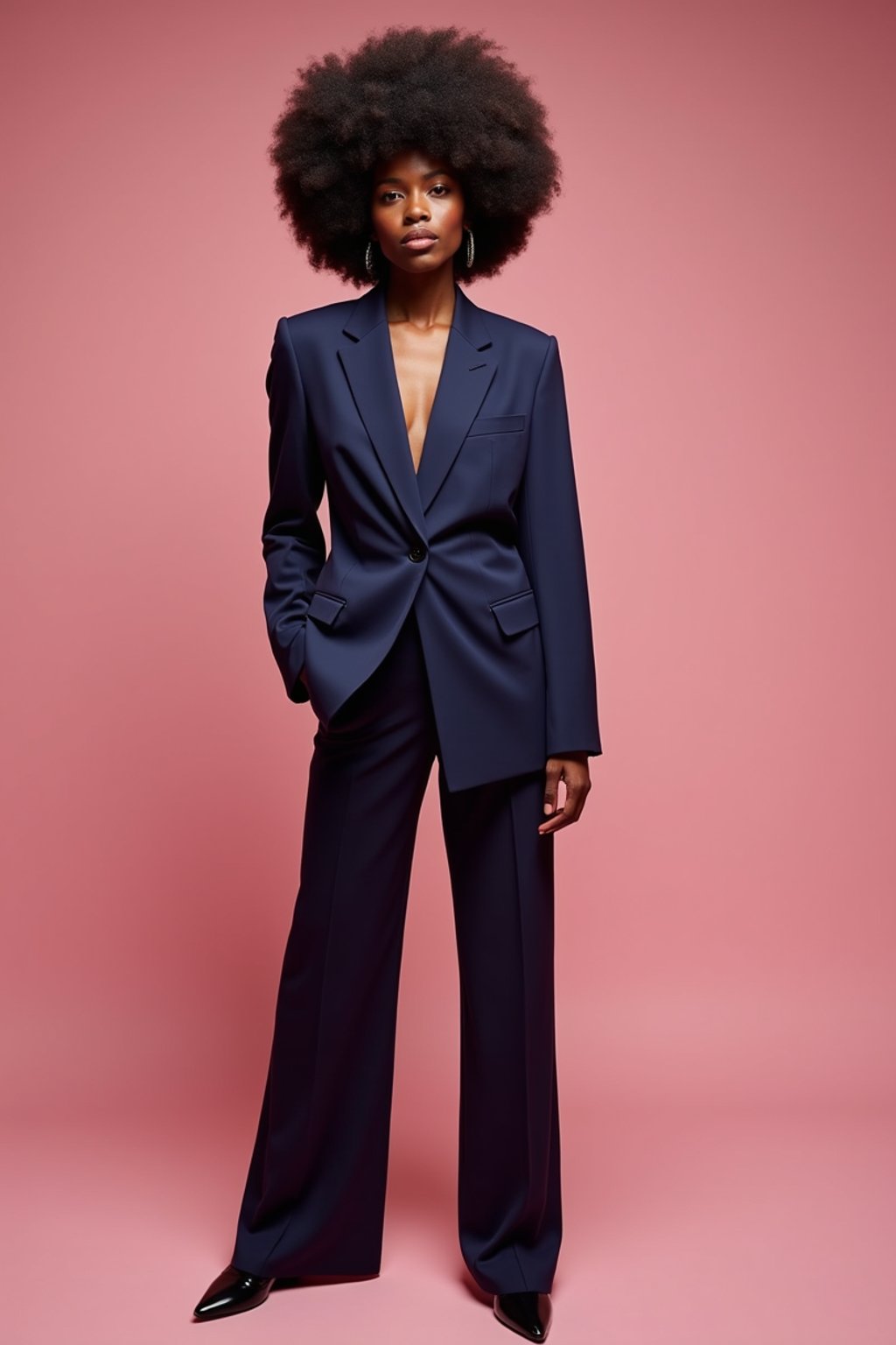 woman wearing navy colopink pants suit  in try on fashion shoot for Zara Shein H&M