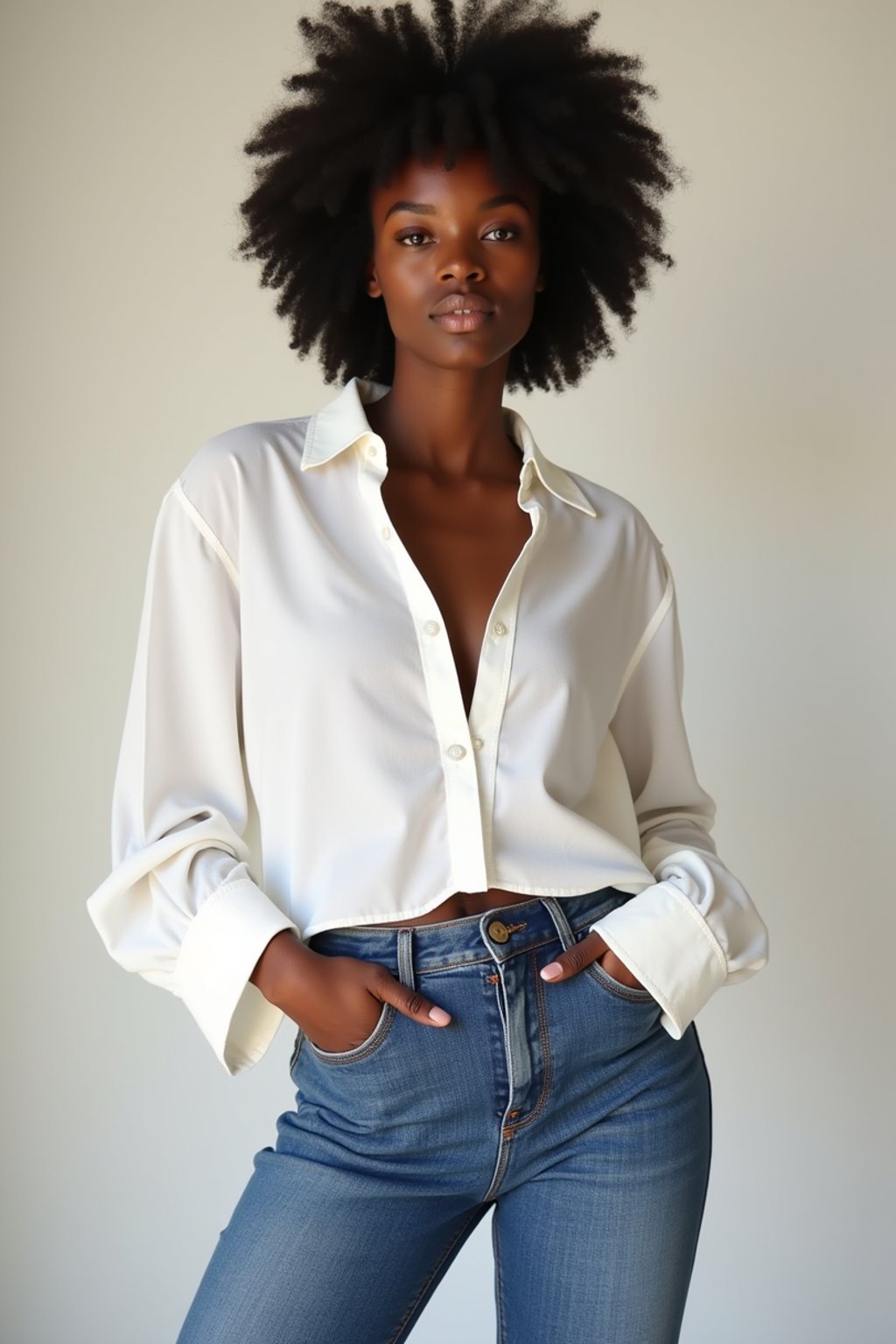 woman wearing white cropped blouse and denim jeans  in try on fashion shoot for Zara Shein H&M