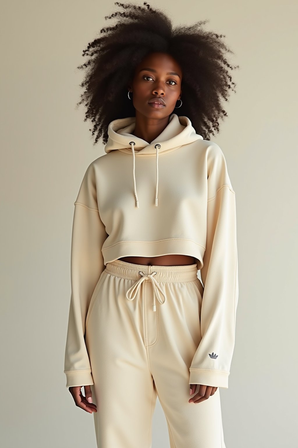 woman wearing cropped cream hoodie  in try on fashion shoot for Zara Shein H&M