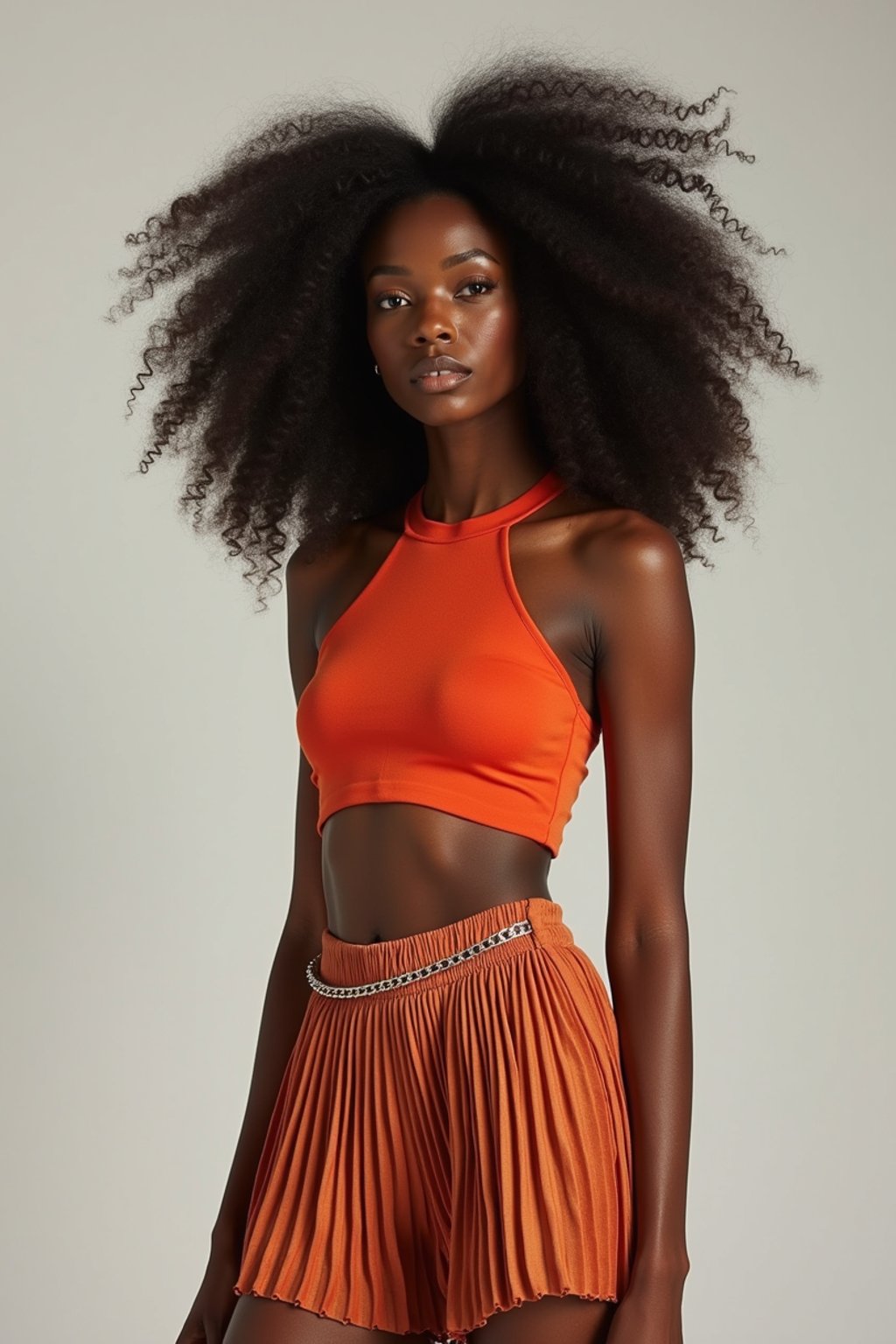 woman wearing crop top and short pleated skirt  in try on fashion shoot for Zara Shein H&M