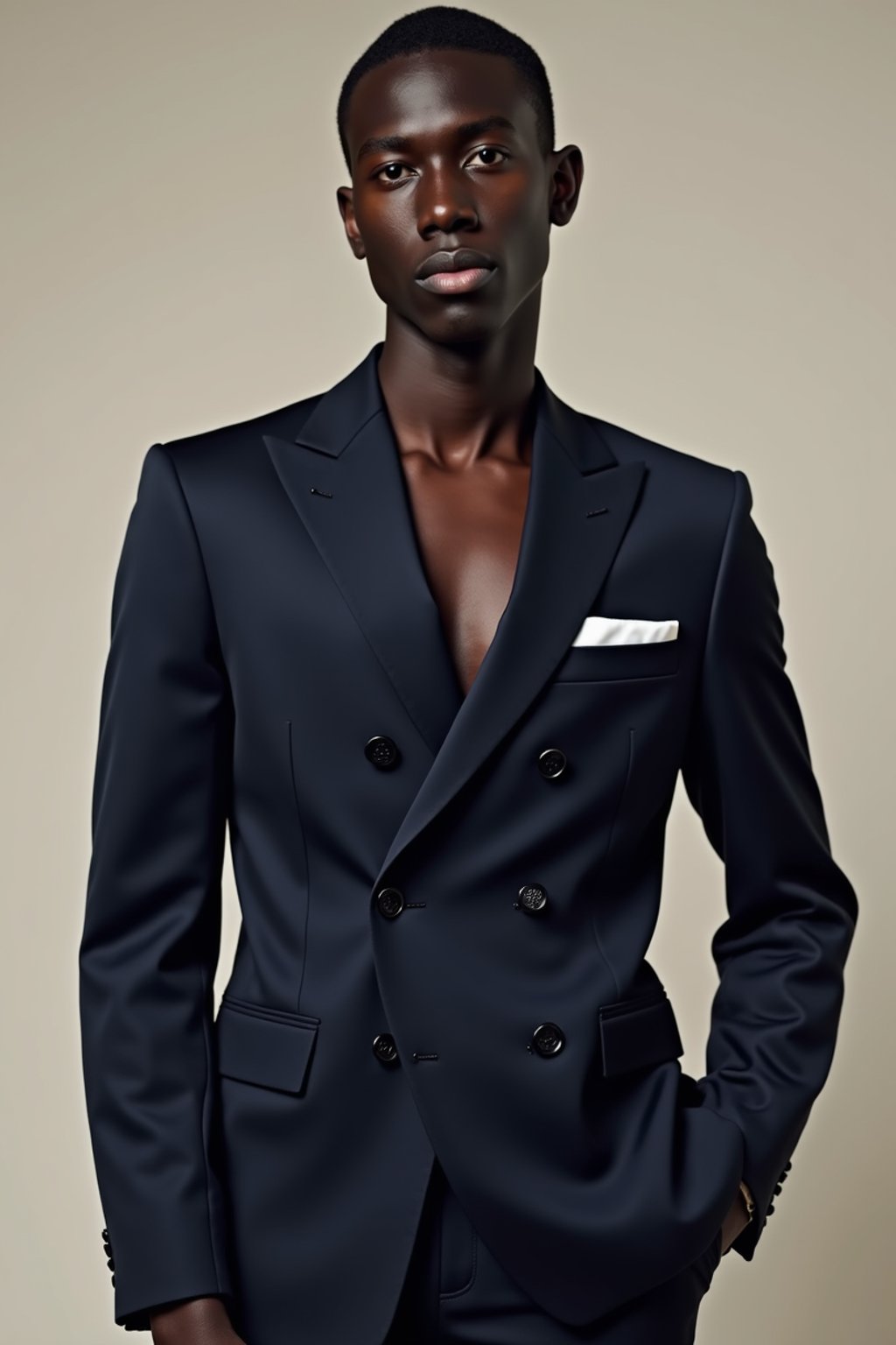 man wearing  navy colored suit in try on fashion shoot for Zara Shein H&M