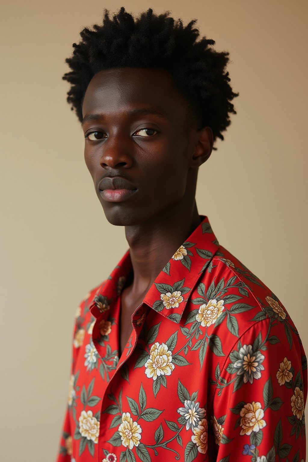 man wearing  floral silk shirt in try on fashion shoot for Zara Shein H&M