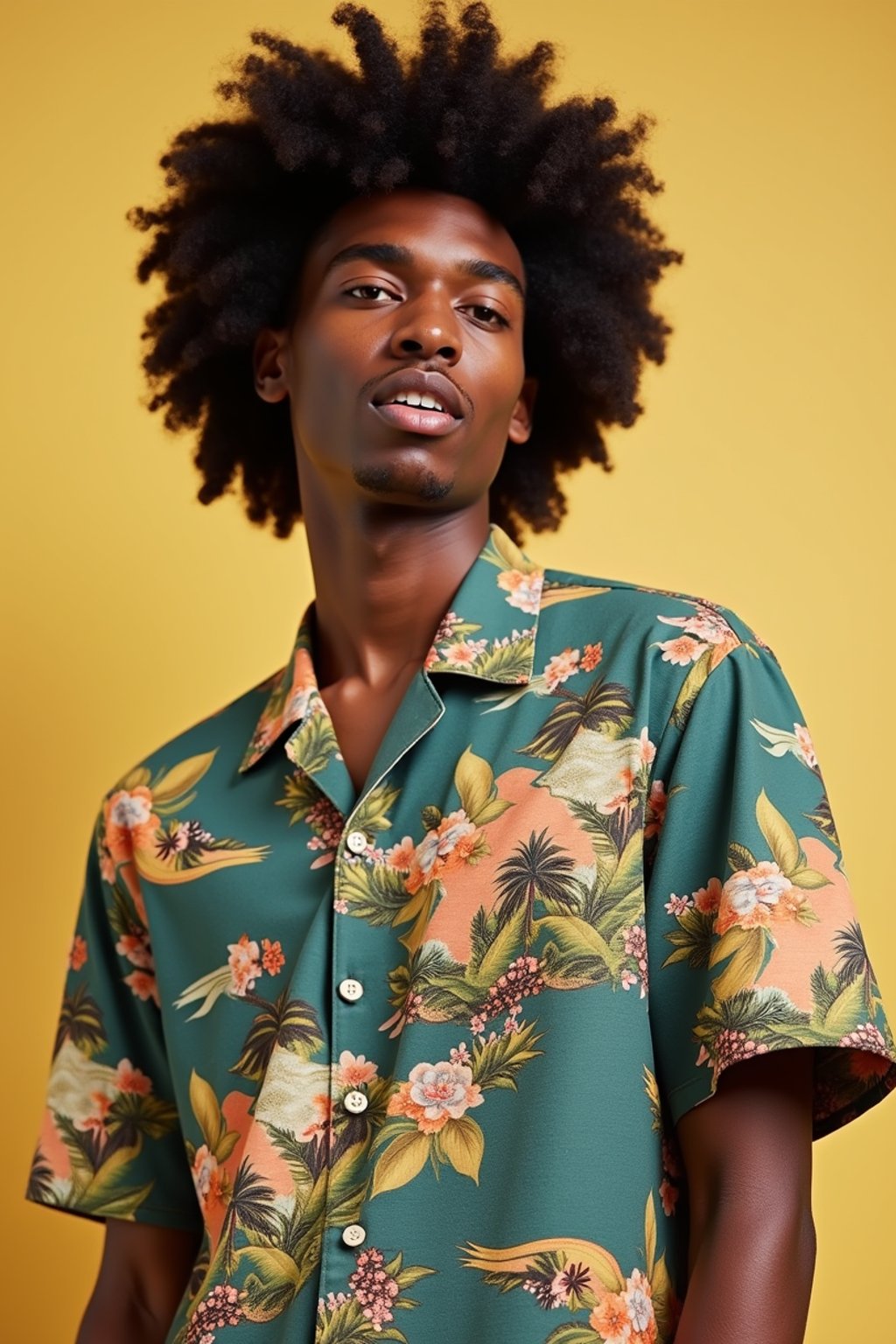 man wearing  hawaii shirt in try on fashion shoot for Zara Shein H&M