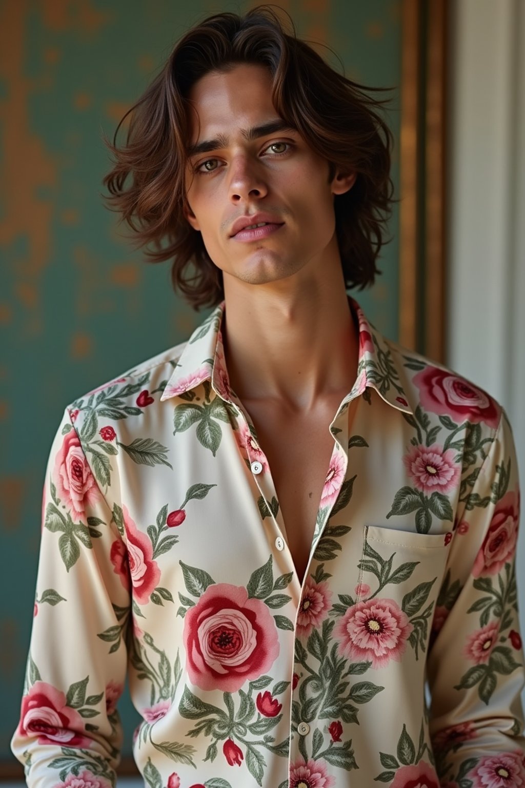 man wearing  floral silk shirt in try on fashion shoot for Zara Shein H&M