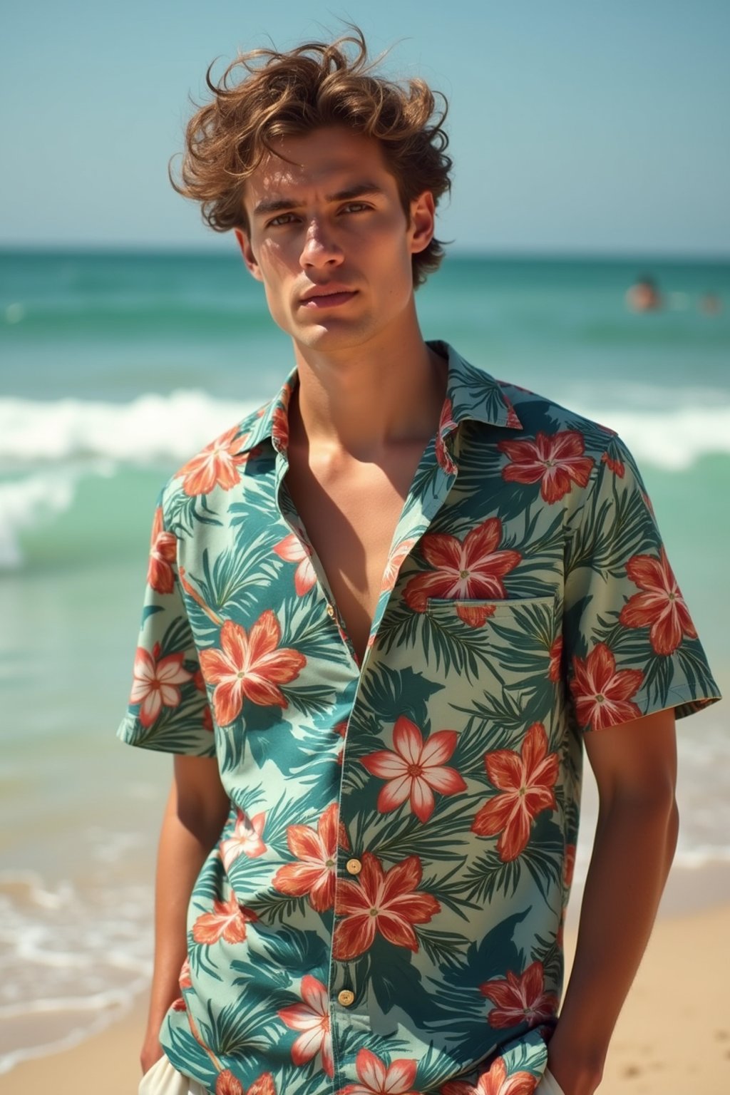 man wearing  hawaii shirt in try on fashion shoot for Zara Shein H&M