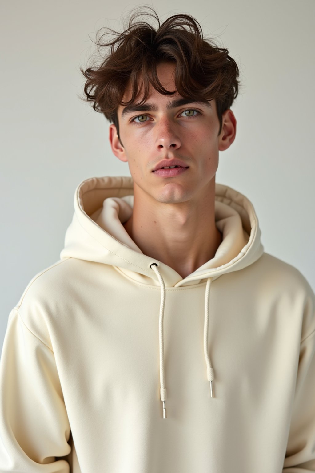 man wearing  cream hoodie in try on fashion shoot for Zara Shein H&M