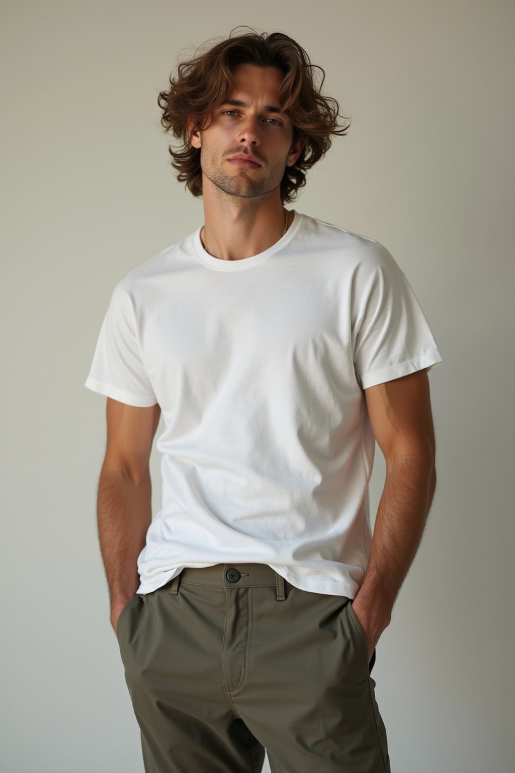 man wearing  t-shirt and pants in try on fashion shoot for Zara Shein H&M