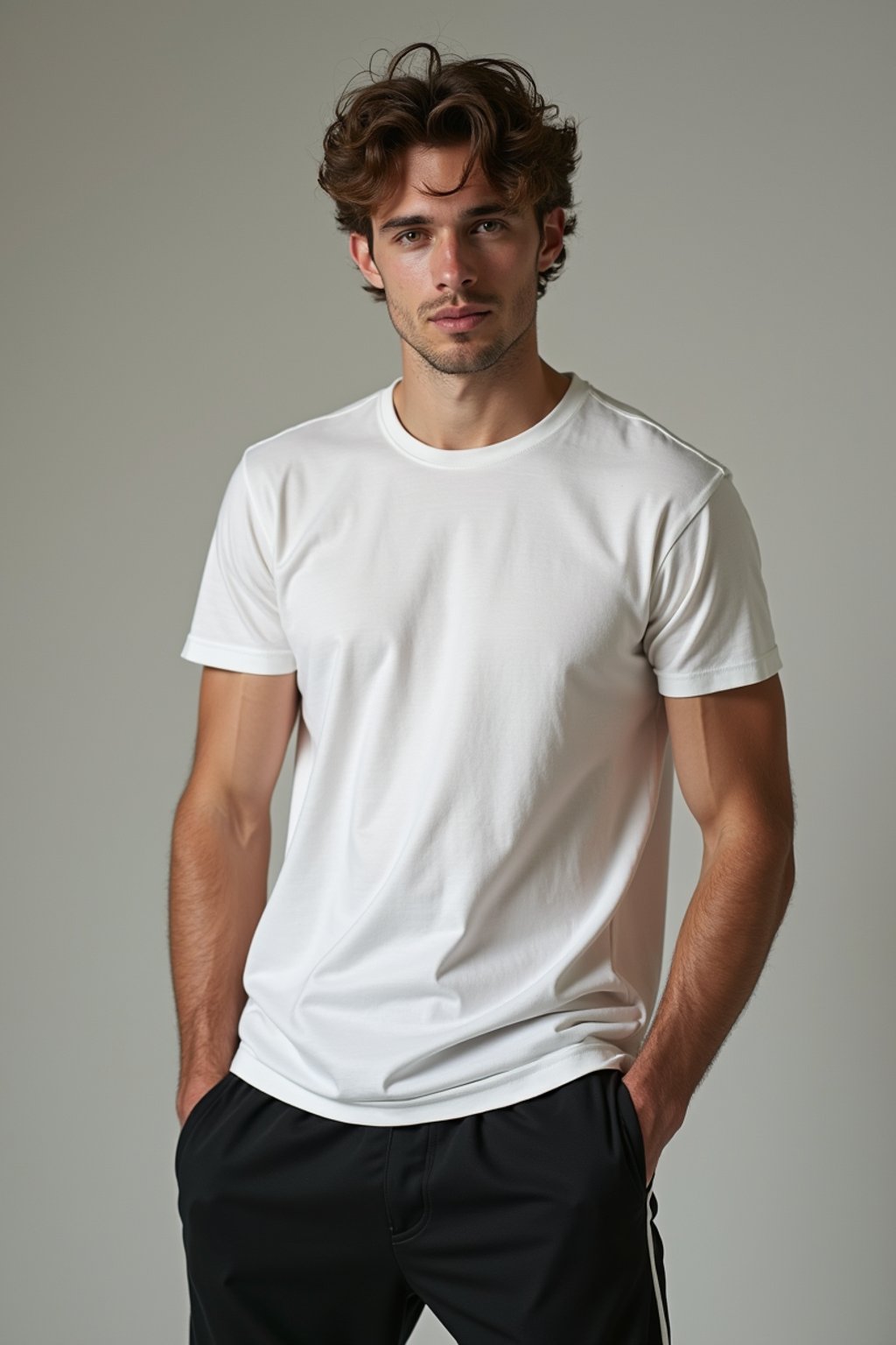 man wearing  t-shirt and gym shorts in try on fashion shoot for Zara Shein H&M