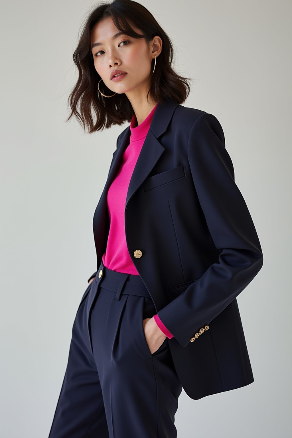 woman wearing navy colopink pants suit  in try on fashion shoot for Zara Shein H&M