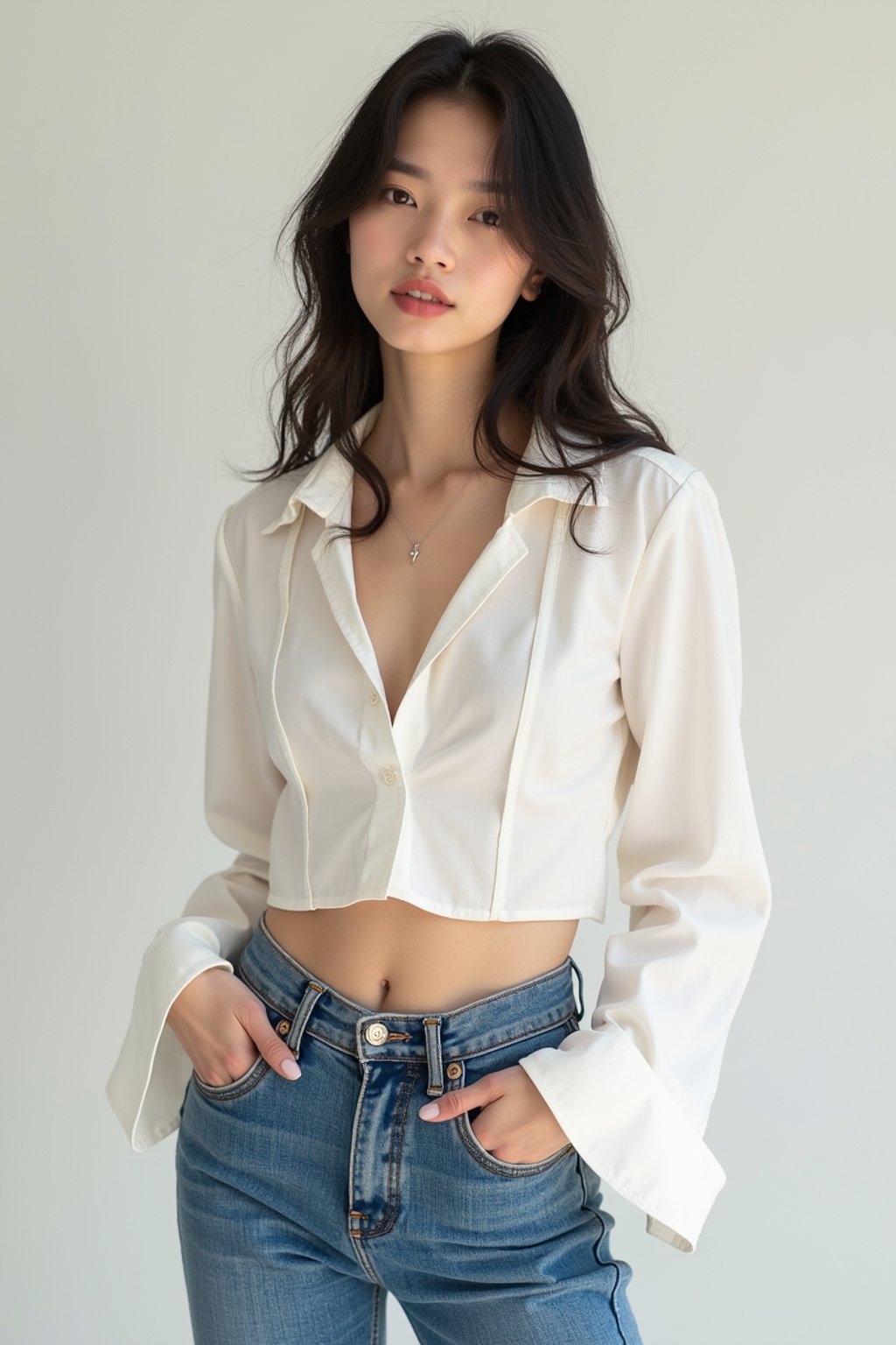 woman wearing white cropped blouse and denim jeans  in try on fashion shoot for Zara Shein H&M