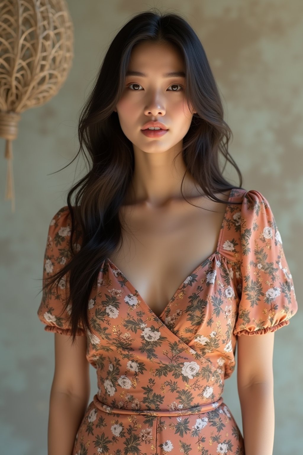 woman wearing silk floral dress  in try on fashion shoot for Zara Shein H&M