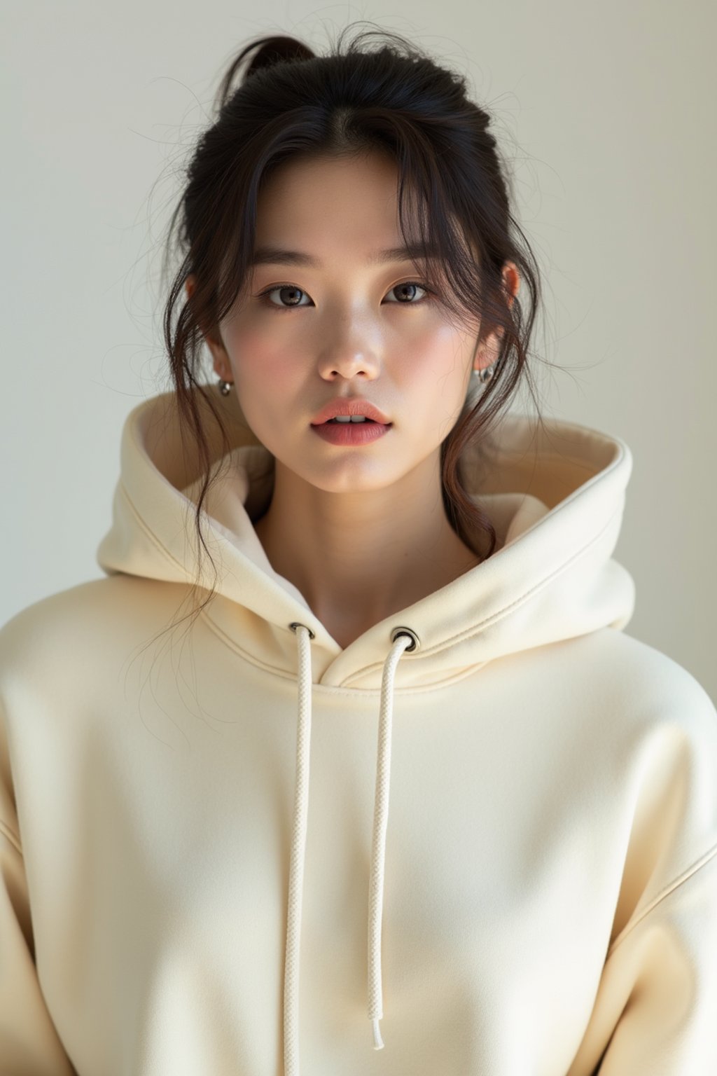 woman wearing cropped cream hoodie  in try on fashion shoot for Zara Shein H&M