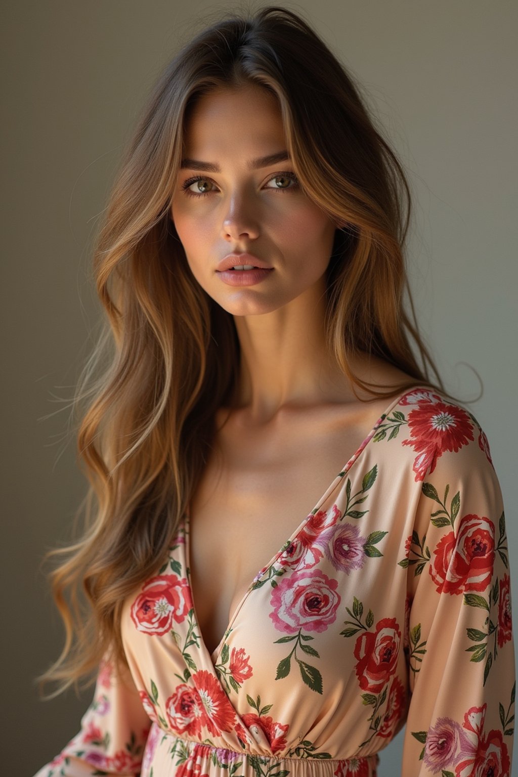 woman wearing silk floral dress  in try on fashion shoot for Zara Shein H&M