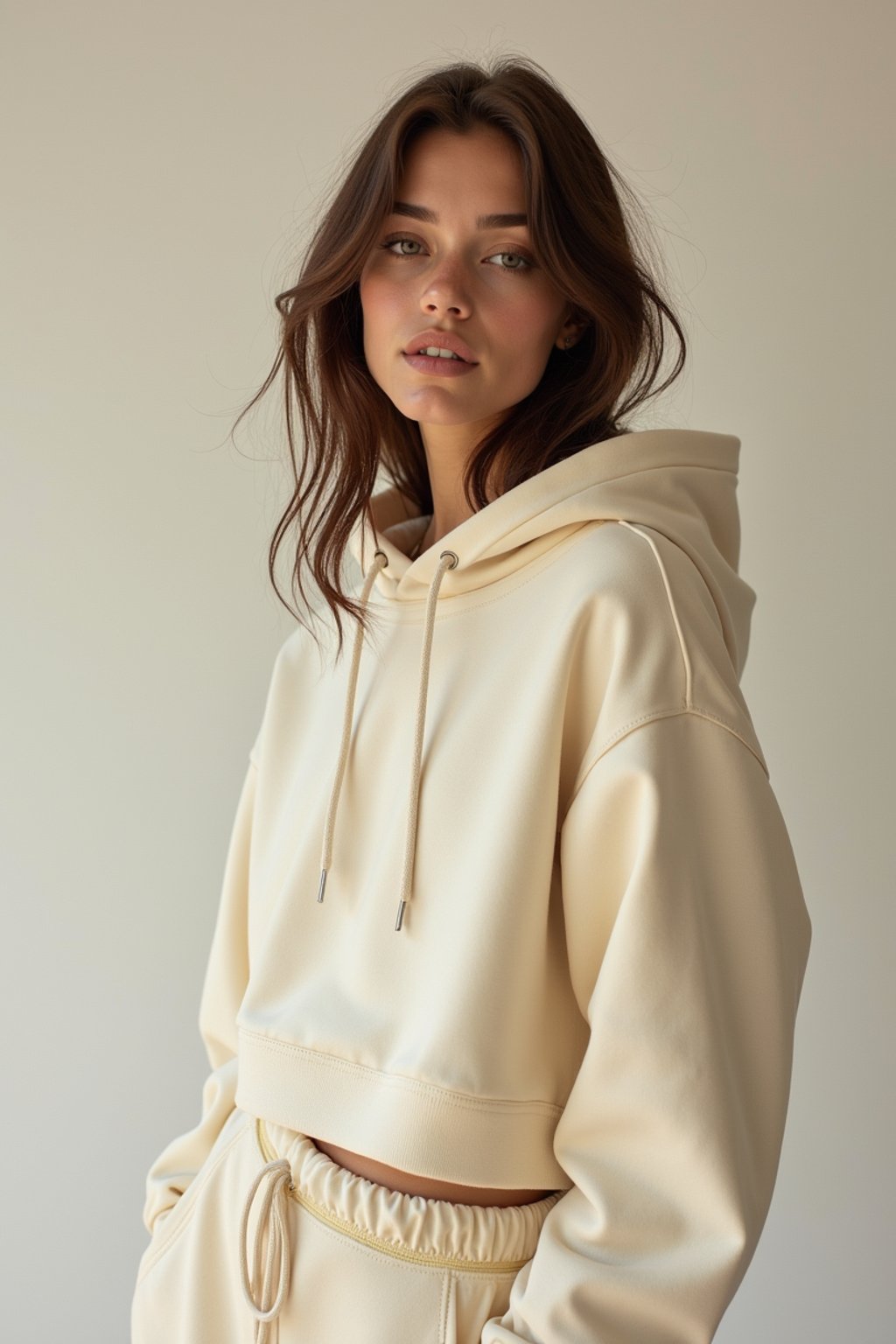 woman wearing cropped cream hoodie  in try on fashion shoot for Zara Shein H&M