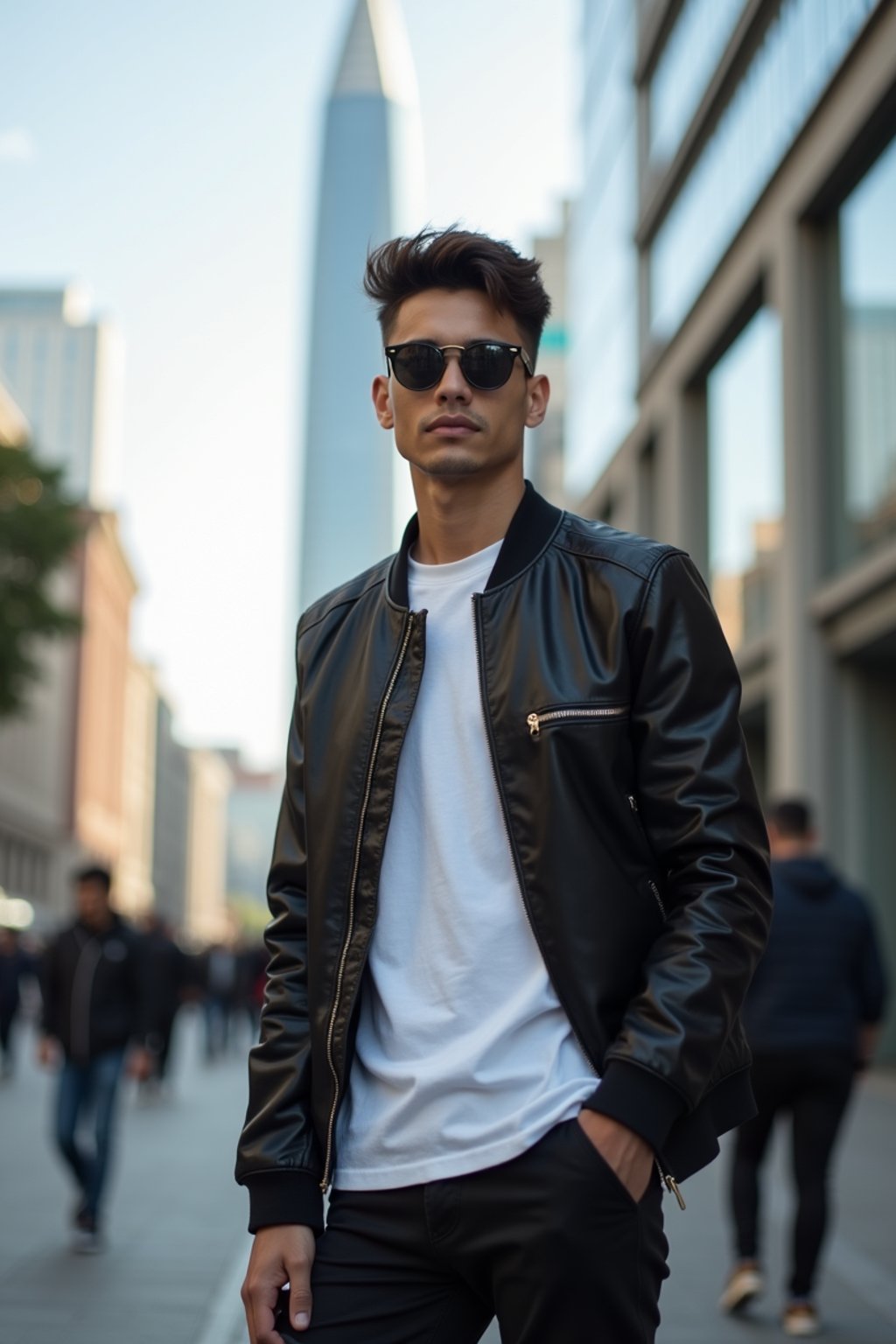 sharp and trendy man in Buenos Aires wearing a modern street style outfit, Obelisco de Buenos Aires in the background