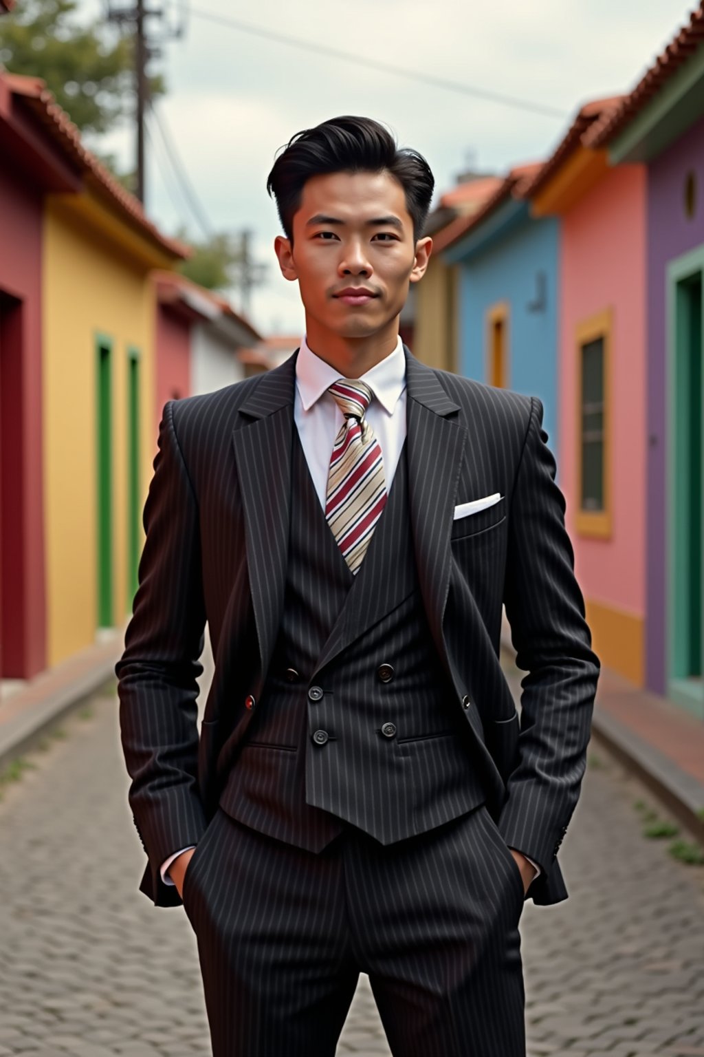 sharp and trendy man in Buenos Aires wearing a tango-inspired dress/suit, colorful houses of La Boca neighborhood in the background