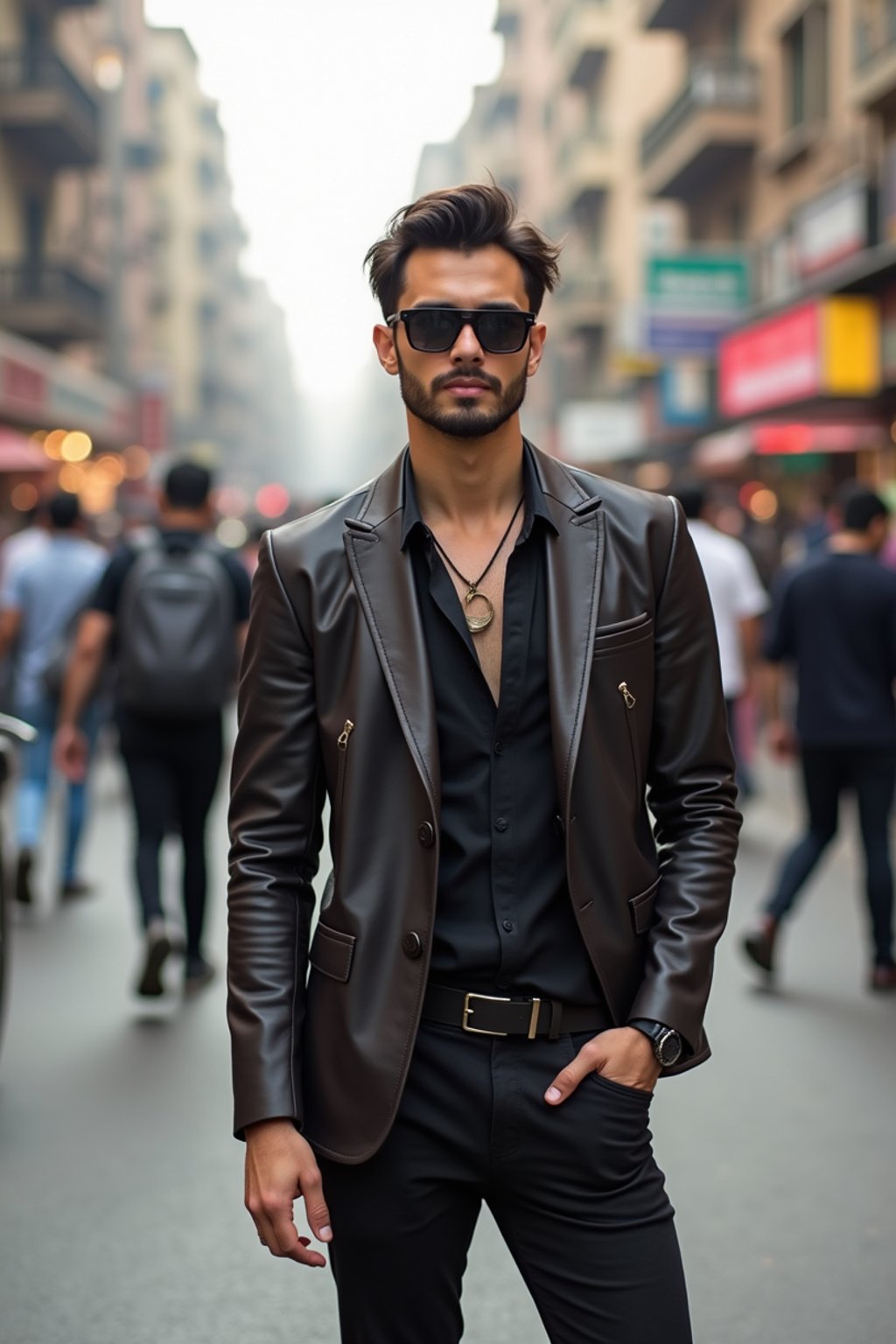 sharp and trendy man in Mumbai wearing a contemporary fusion outfit, bustling streets of Mumbai in the background