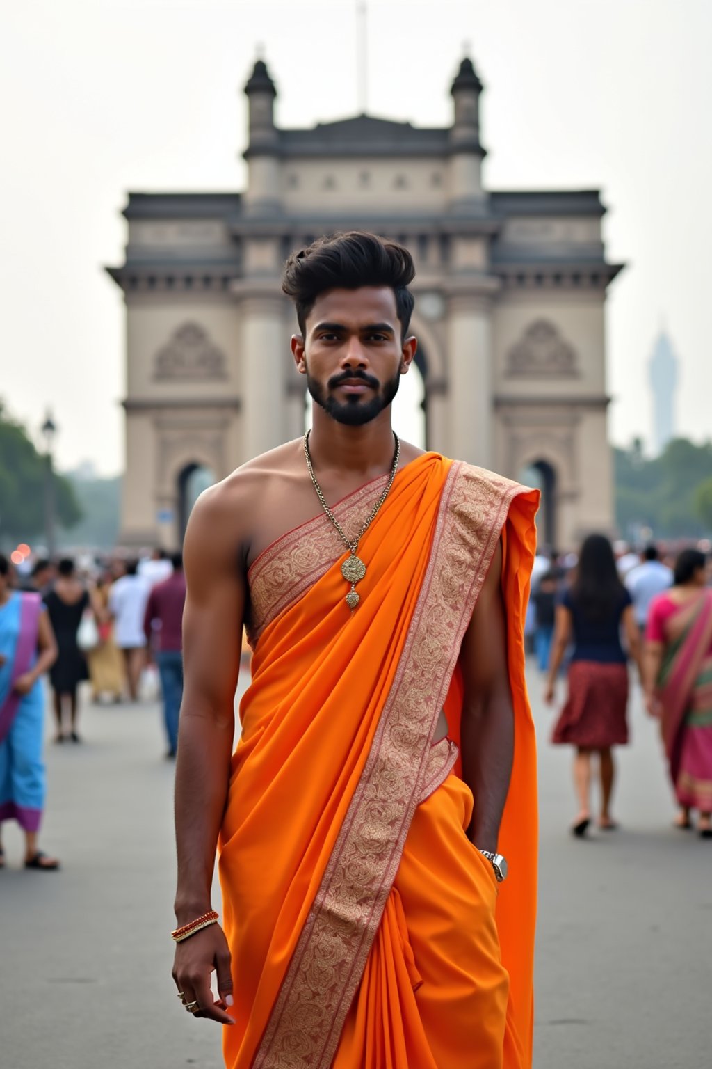 sharp and trendy man in Mumbai wearing a vibrant saree/kurta, Gateway of India in the background