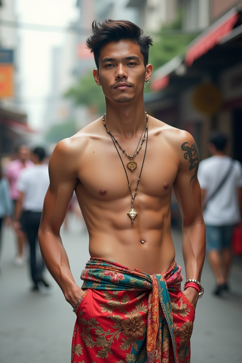 sharp and trendy man in Thailand wearing a vibrant sarong, Bangkok in the background