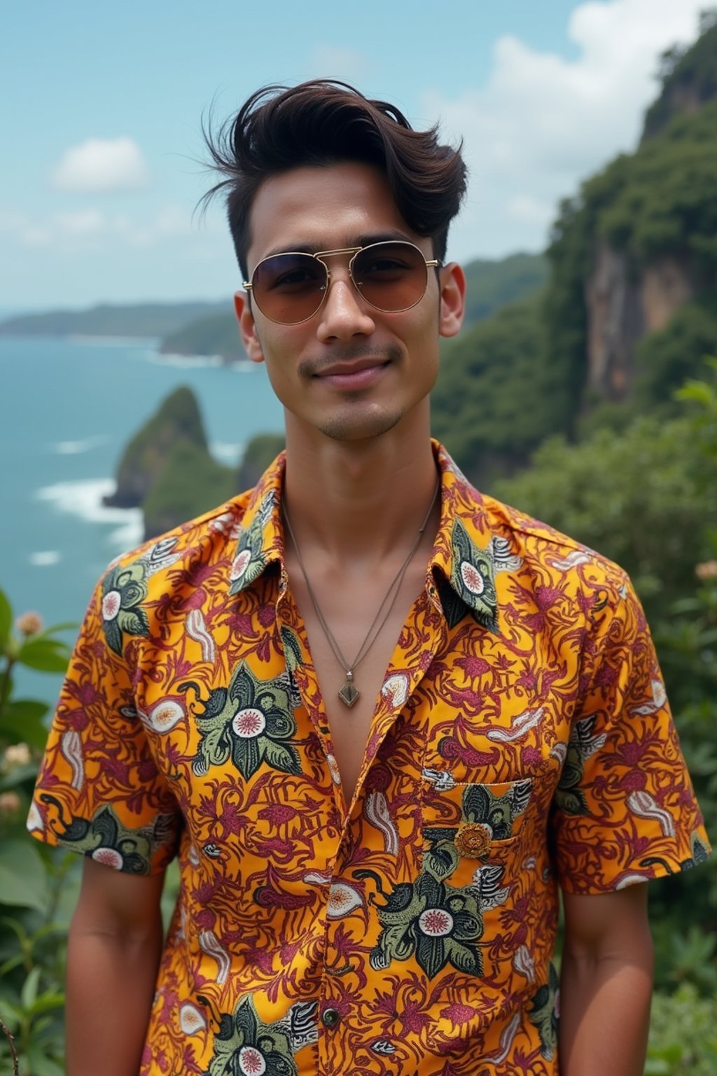 sharp and trendy man in Bali wearing vibrant Batik clothes, Bali, Indonesia in the background