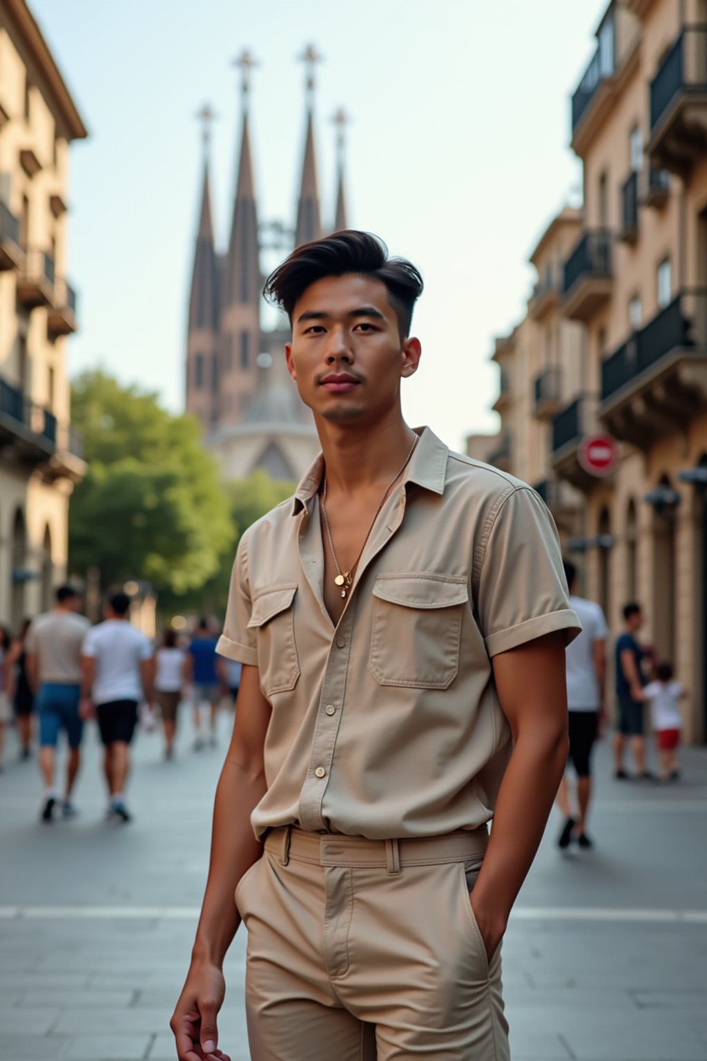 sharp and trendy man in Barcelona wearing a stylish summer outfit, La Sagrada Família in the background