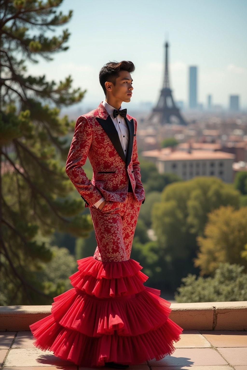 sharp and trendy man in Barcelona wearing a flamenco-inspired dress/suit, Park Güell in the background