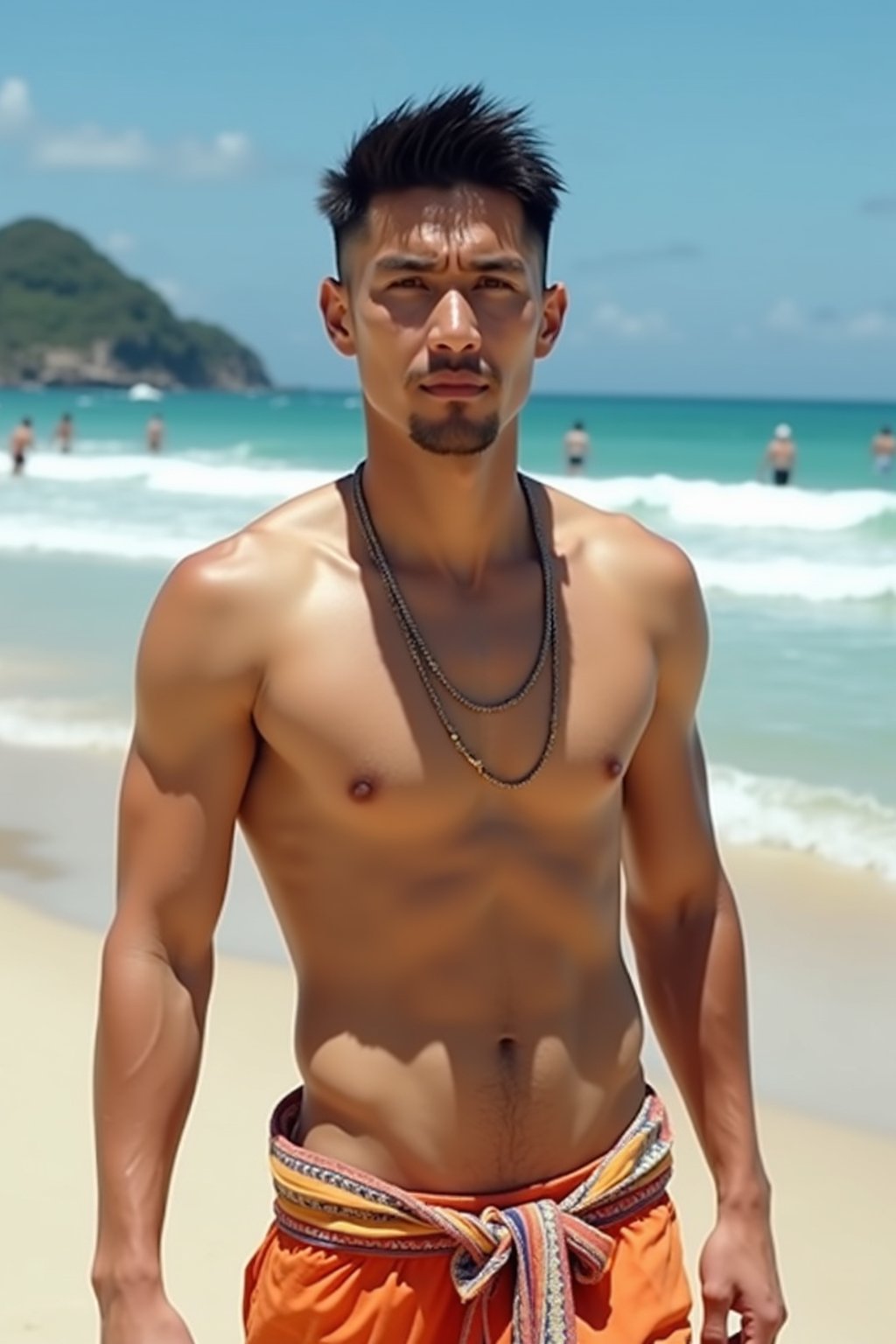 sharp and trendy man in Rio de Janeiro wearing a trendy swimsuit and sarong, Copacabana Beach in the background