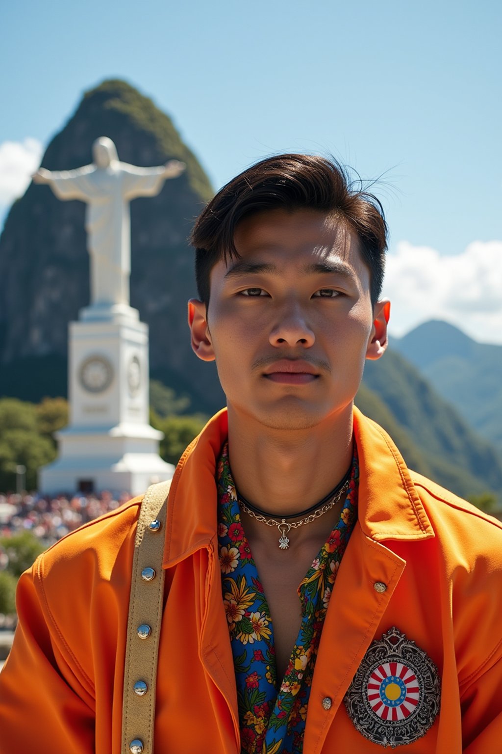 sharp and trendy man in Rio de Janeiro wearing a vibrant carnival-inspired costume, Christ the Redeemer statue in the background