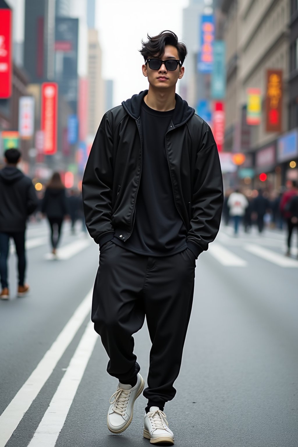 sharp and trendy man in Shanghai wearing a contemporary streetwear outfit, Nanjing Road in the background