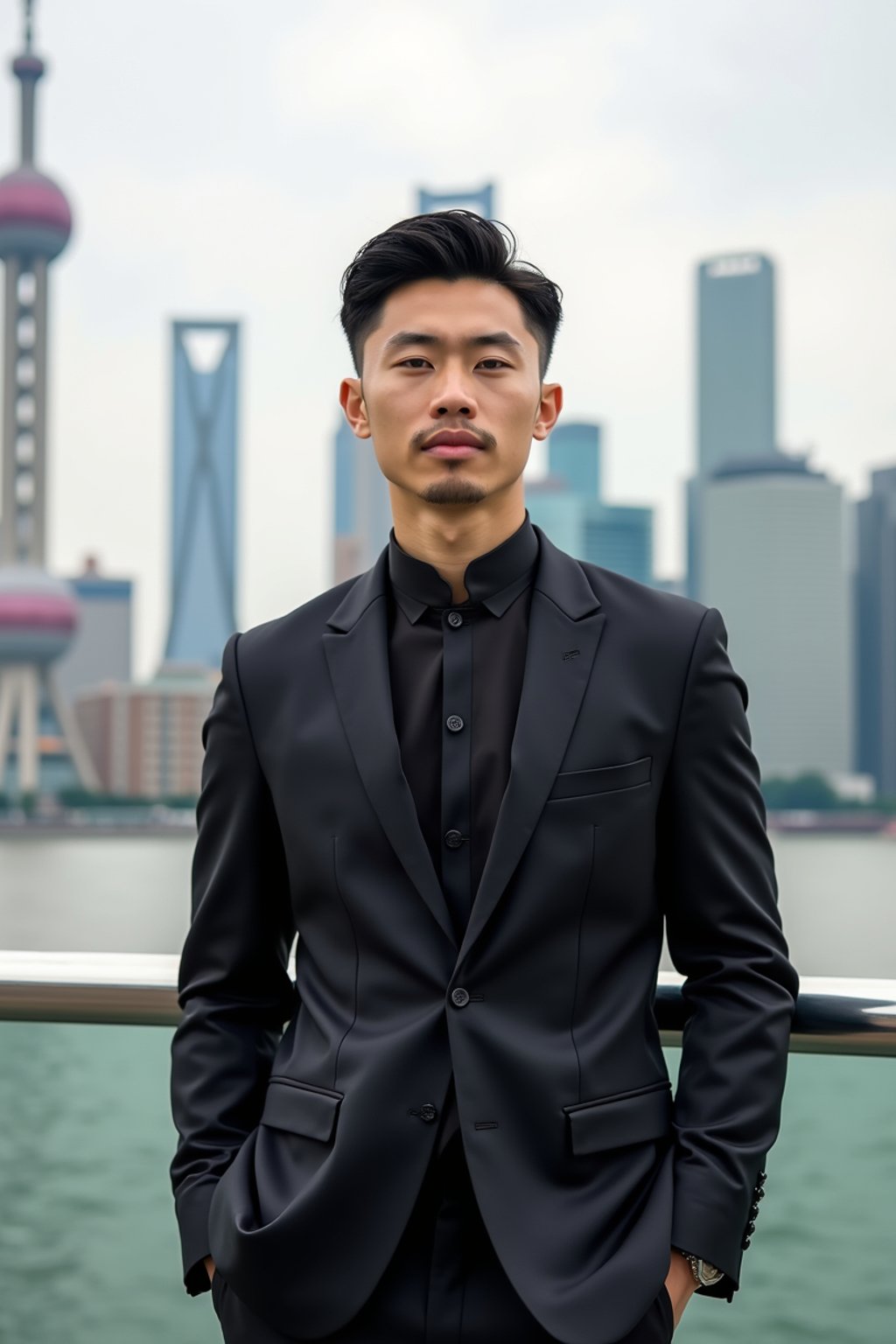 sharp and trendy man in Shanghai wearing a traditional qipao/mandarin-collar suit, modern skyline in the background