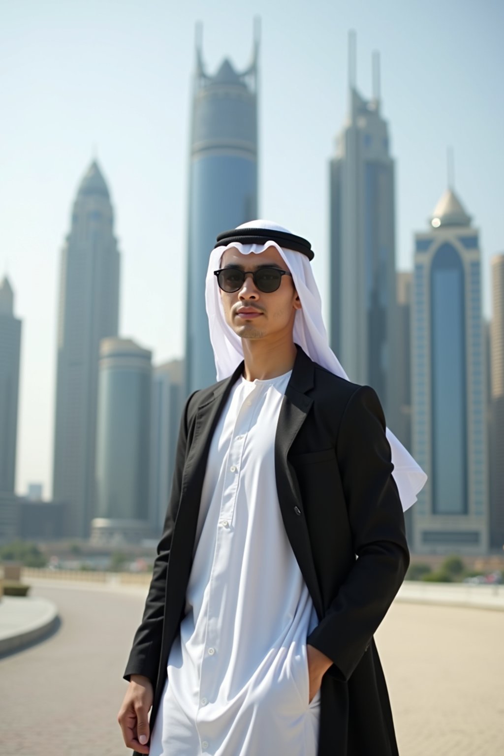 sharp and trendy man in Dubai wearing a modern, chic abaya/thobe, skyscrapers of Dubai in the background