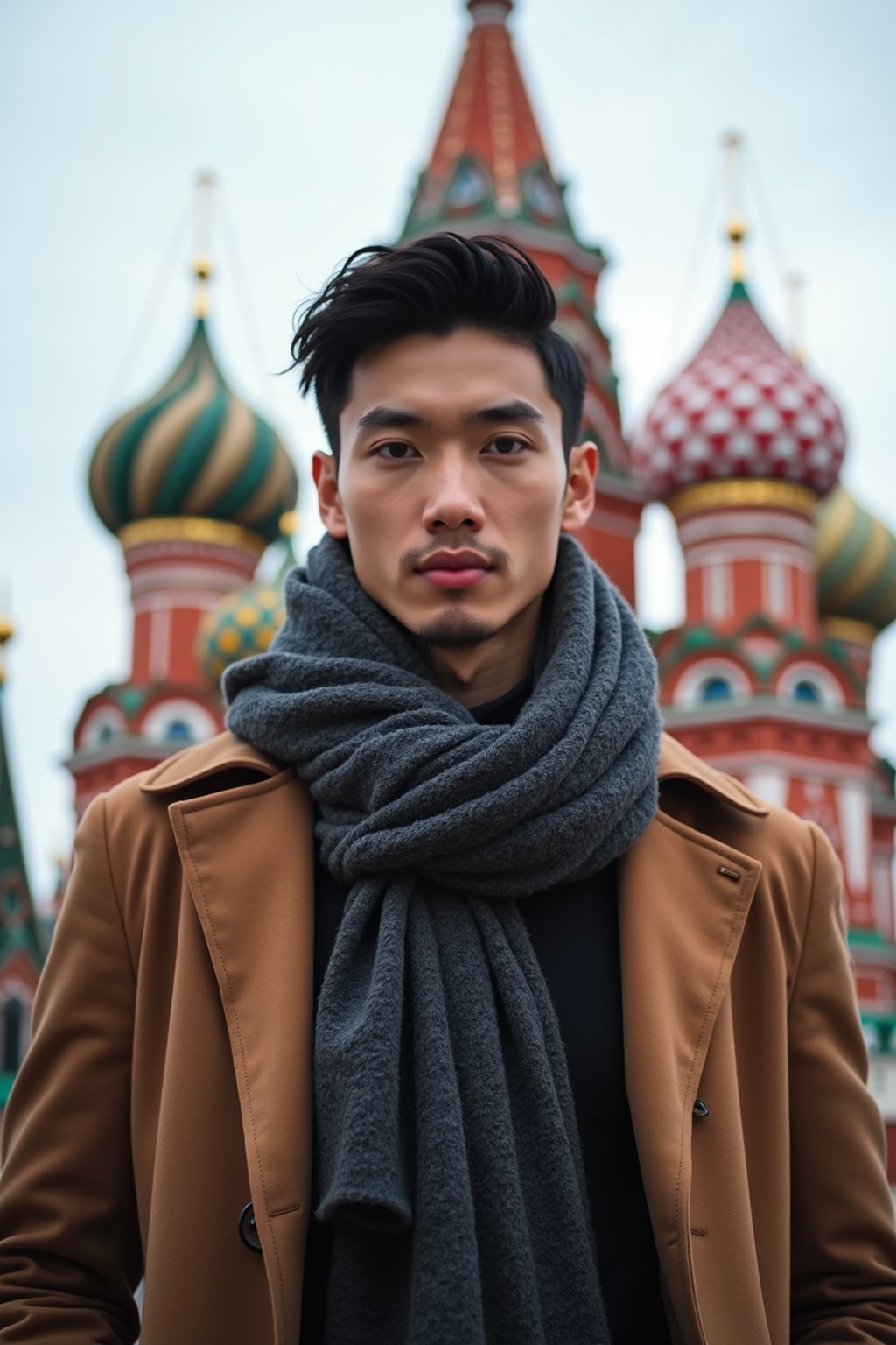 sharp and trendy man in Moscow wearing a stylish coat and scarf, Saint Basil's Cathedral in the background