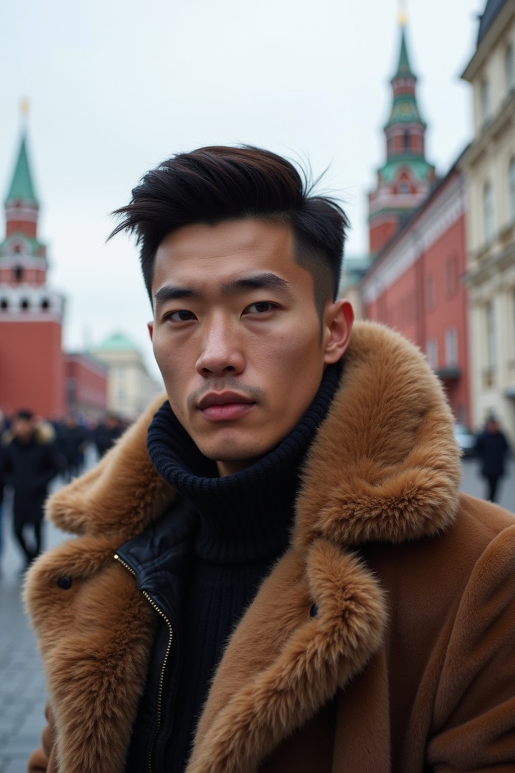 sharp and trendy man in Moscow wearing a faux fur coat, Kremlin in the background