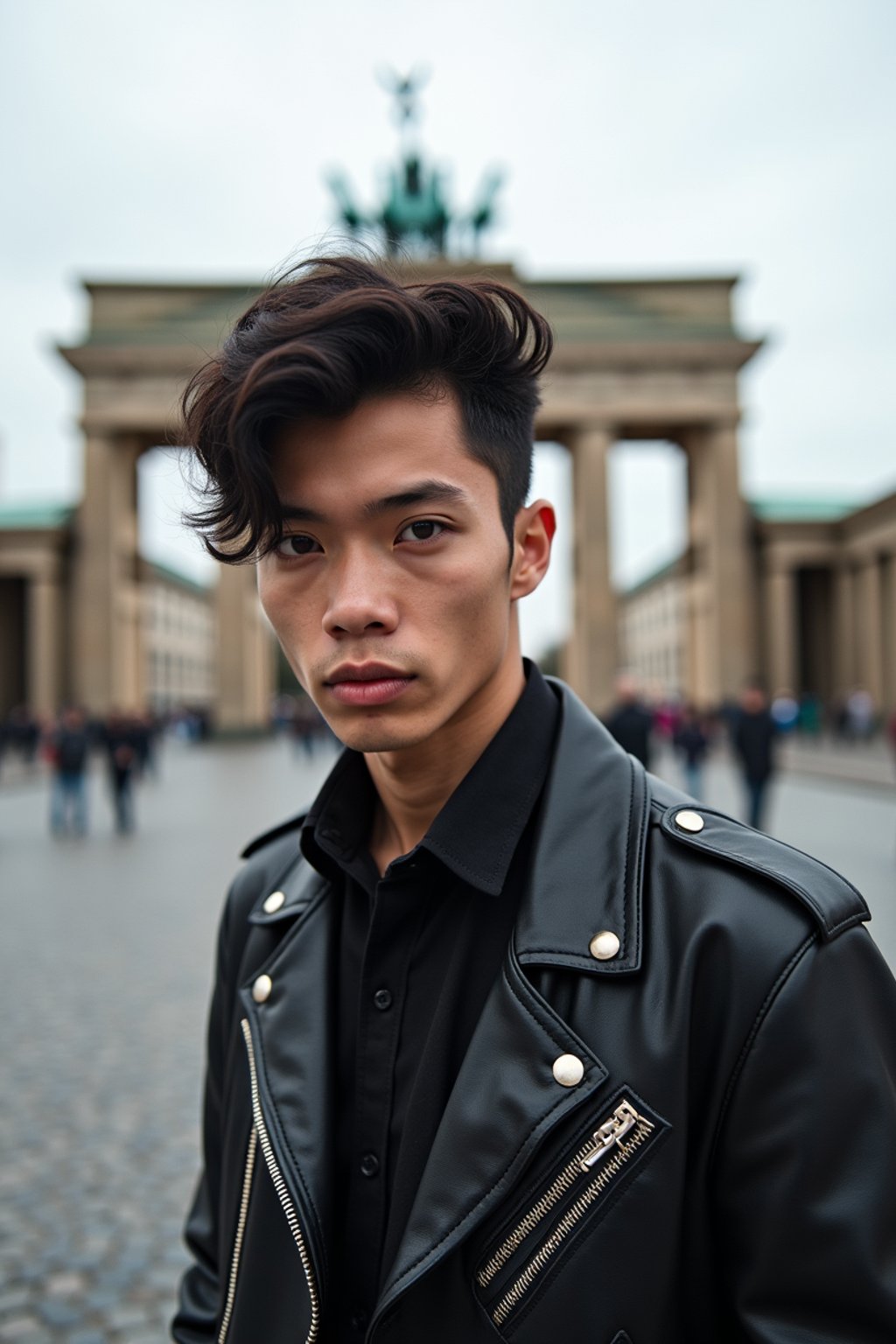 sharp and trendy man in Berlin wearing a punk-inspired outfit, Brandenburg Gate in the background