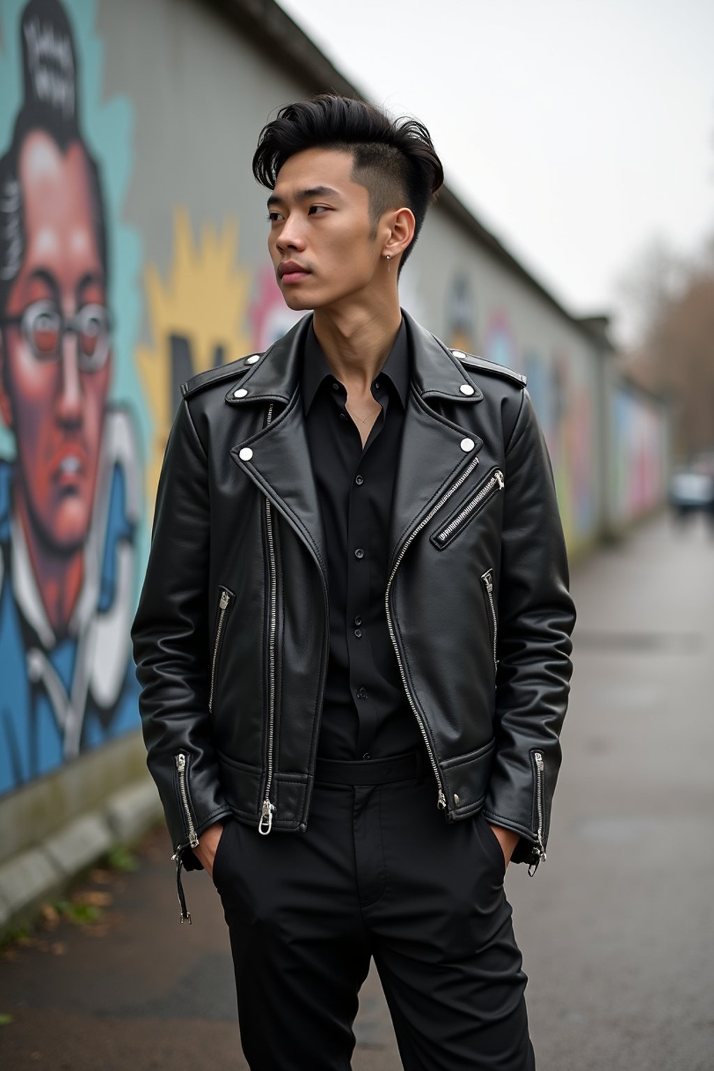 sharp and trendy man in Berlin wearing a grunge-inspired outfit, Berlin Wall in the background