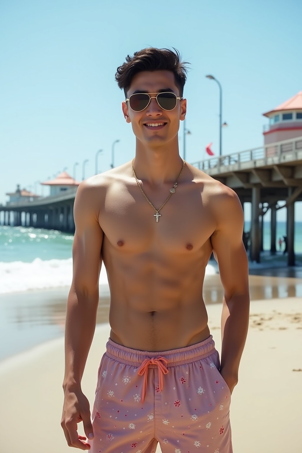 sharp and trendy man in Los Angeles wearing a trendy beach outfit, Santa Monica pier in the background