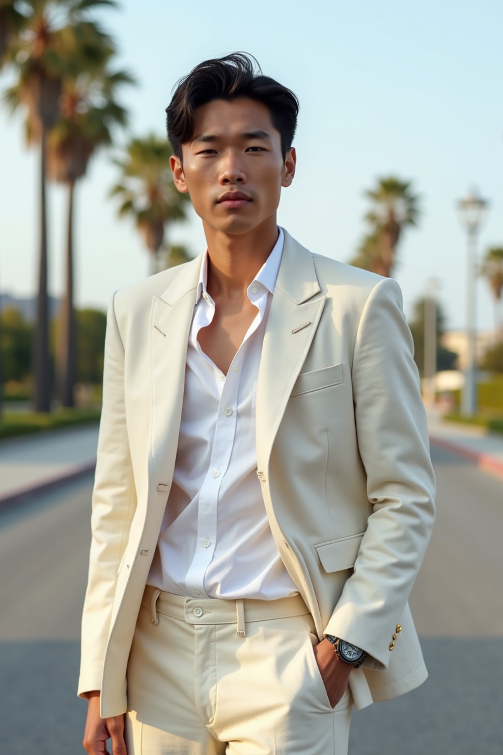 sharp and trendy man in Los Angeles wearing a summer dress/linen suit, palm trees in the background