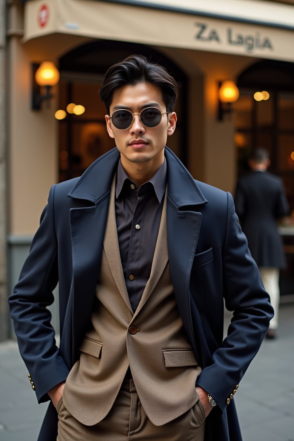 sharp and trendy man in Milan wearing high fashion attire in front of a classic Italian café