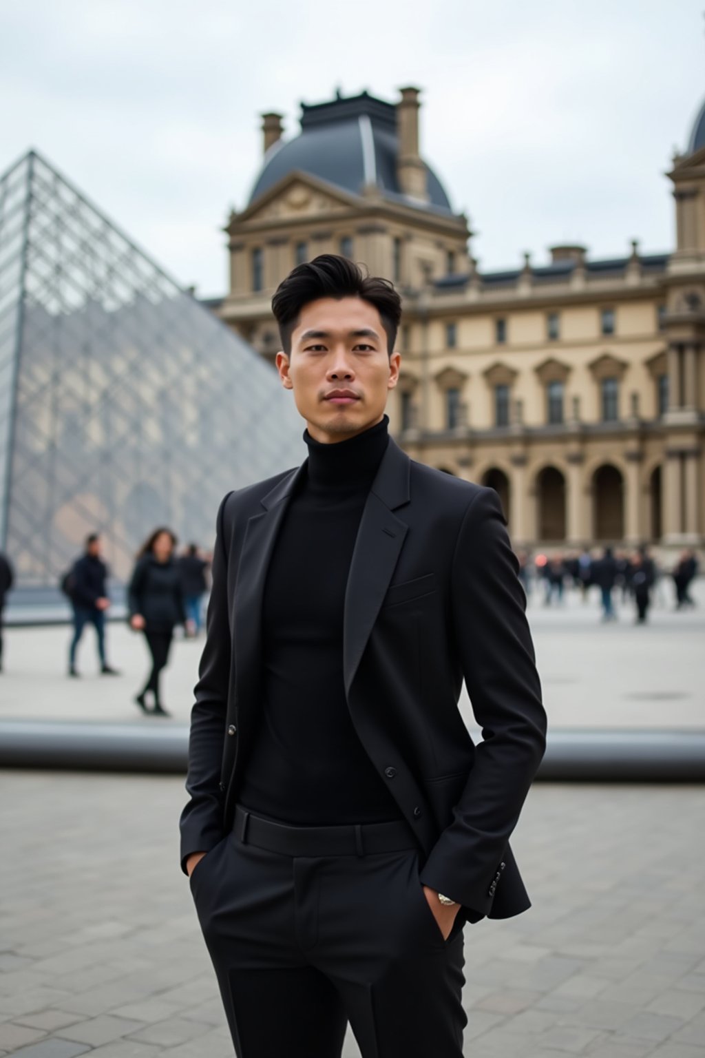 sharp and trendy man in Paris wearing a chic black dress/suit, Louvre pyramid in the background