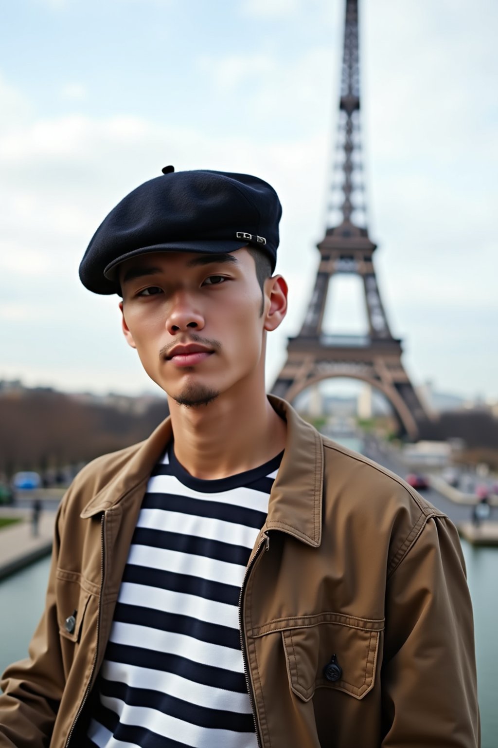 sharp and trendy man in Paris, wearing a beret and striped top, Eiffel Tower in the background