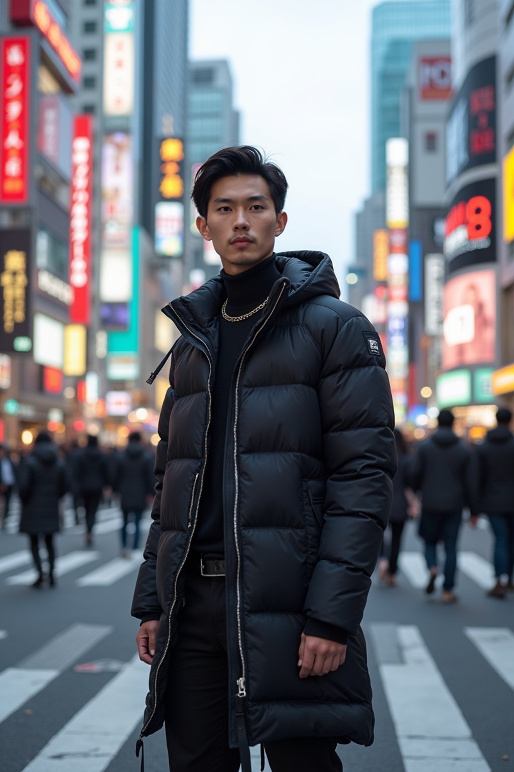 sharp and trendy man in Tokyo wearing a futuristic outfit, Shibuya crossing in the background