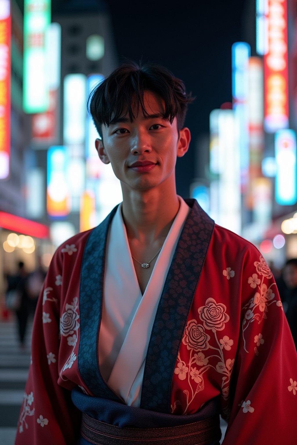 sharp and trendy man in Tokyo wearing a modern take on a traditional kimono, neon lights of the city in the background