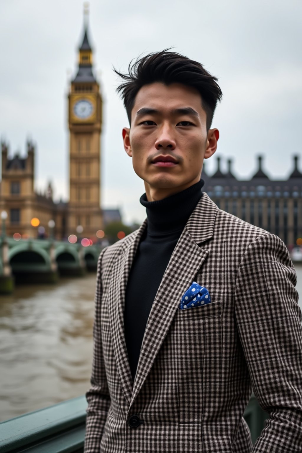 sharp and trendy man in London wearing a checkered suit, Big Ben in the background