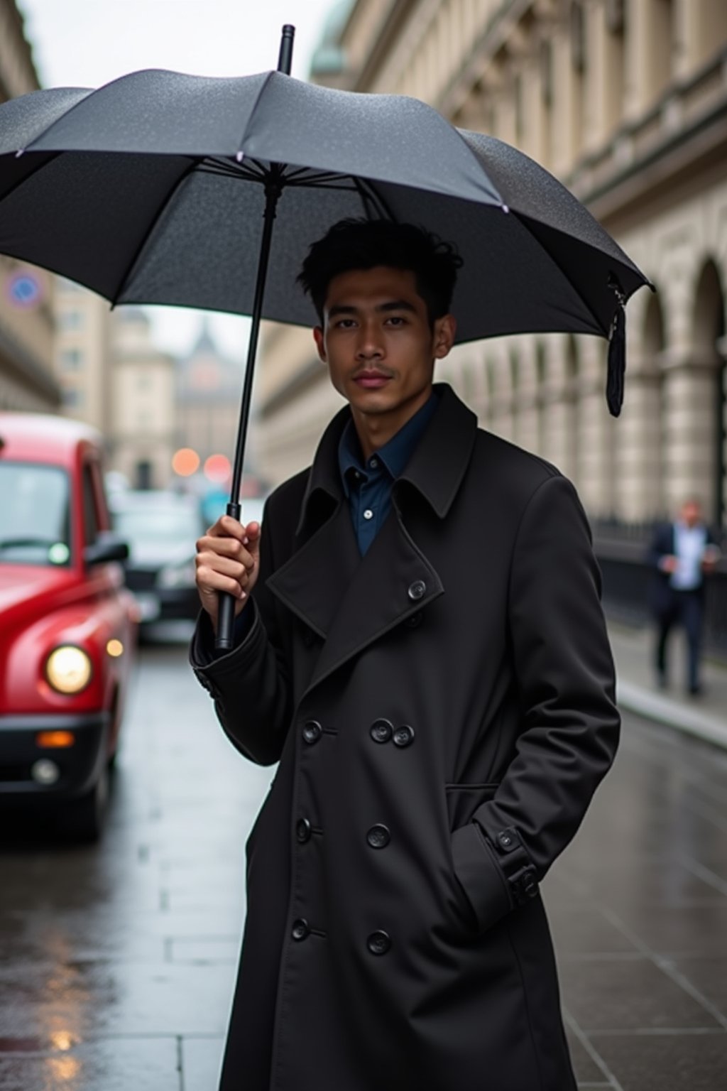 sharp and trendy man in London sporting a trench coat and holding an umbrella, iconic London cab in the background