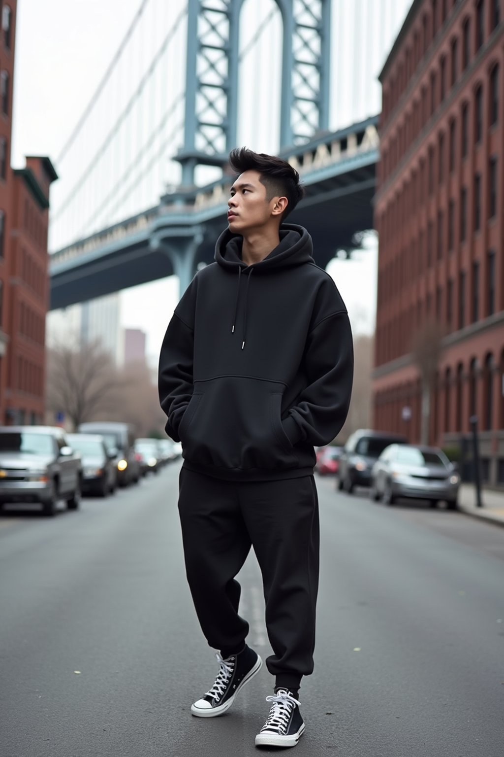 sharp and trendy man in New York City wearing an oversized sweatshirt and high top sneakers, Brooklyn Bridge in the background