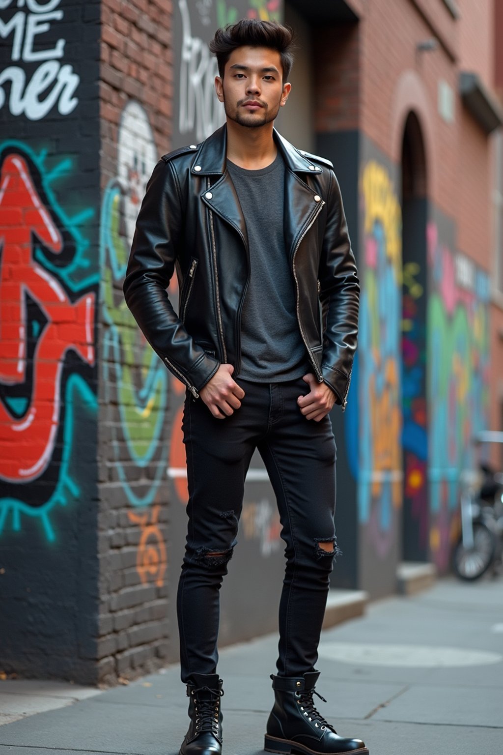 sharp and trendy man in New York City wearing a leather jacket, jeans, and boots with urban graffiti in the background